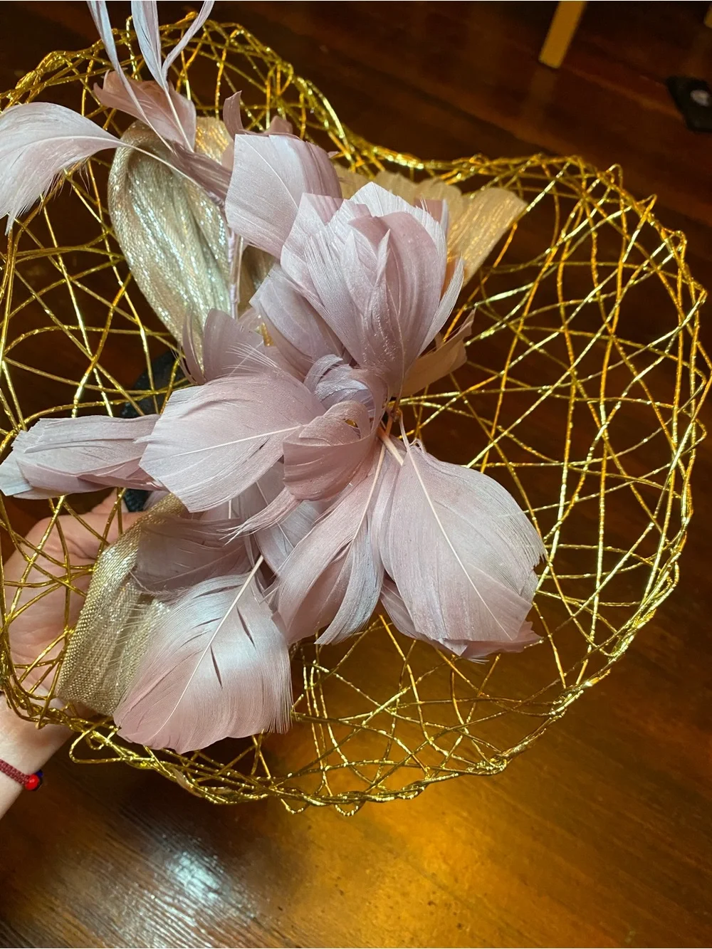 VGUC Aimee Fuller Elegant Gold and Pink Feathered Fascinator Headband